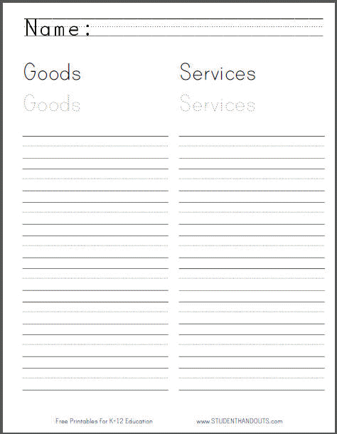 First grade worksheet showing illustrated workers and asking students to identify whether they sell goods or provide services to customers