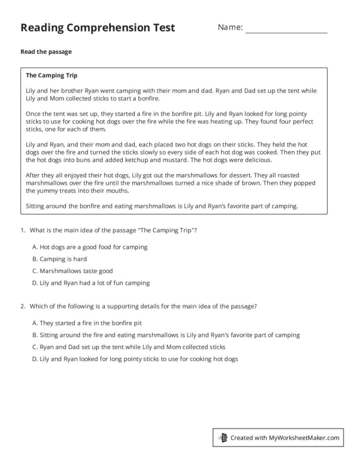 Second grade reading comprehension practice test worksheet with multiple choice questions
