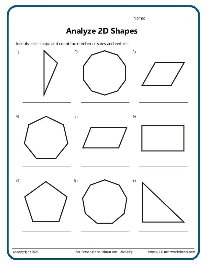 Comparing 2-D Shapes Chart Activity for Elementary Math Students Second grade geometry worksheet showing a 2-D shapes comparison chart with blank spaces for students to fill in shape names, edges, and vertices