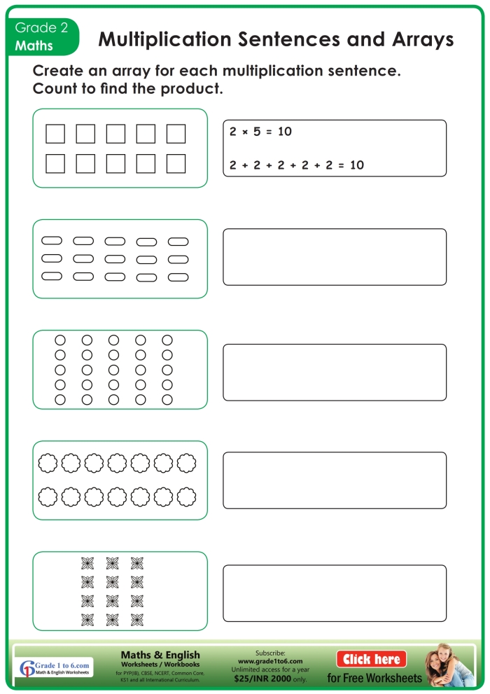 Third grade place value worksheet showing arrays matched to multiplication equations for learning skip counting and grouping concepts