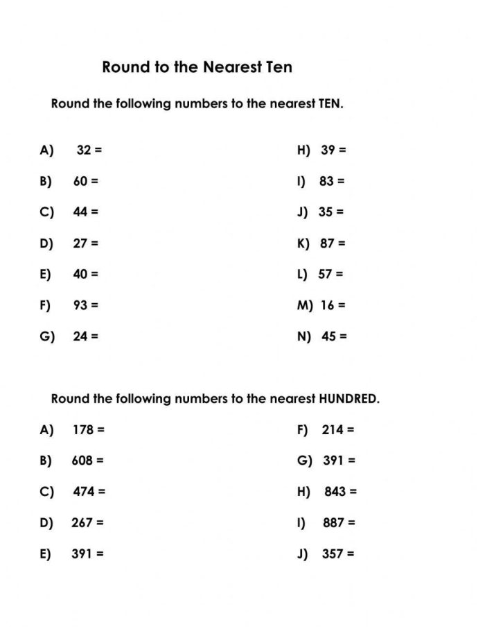 Rounding to Nearest Ten Hundred and Thousand Practice Worksheet for Grade 3 Third grade math worksheet showing rounding practice problems for tens, hundreds, and thousands place values