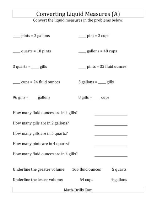Fourth grade liquid measurement conversion worksheet with conversion table for cups, pints, quarts, and gallons