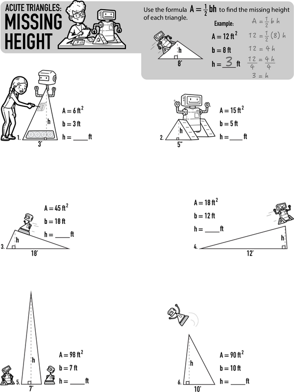Math detective worksheet showing acute triangles with labeled bases and areas for height calculations Sixth grade students solving for missing heights in acute triangles using area formulas
