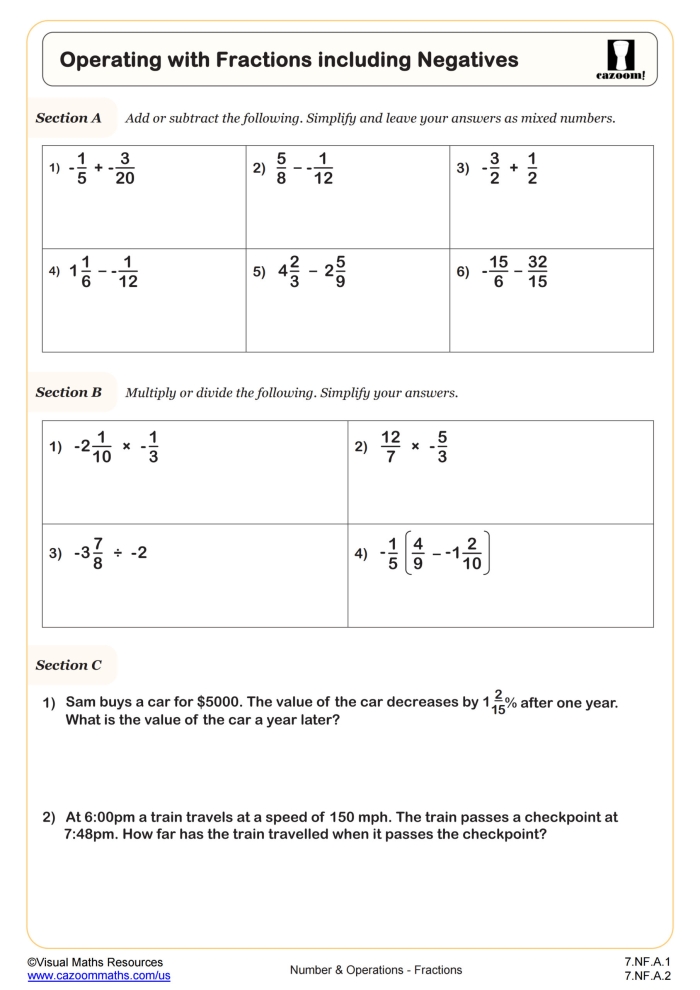 Add and Subtract Positive and Negative Fractions Practice Sheet 14 Seventh grade math worksheet showing problems for adding and subtracting positive and negative fractions with answer key