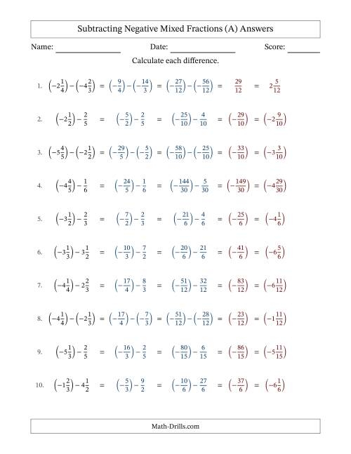 Add and Subtract Positive and Negative Fractions Practice Sheet 20 Seventh grade math worksheet showing problems for adding and subtracting positive and negative fractions with answer key
