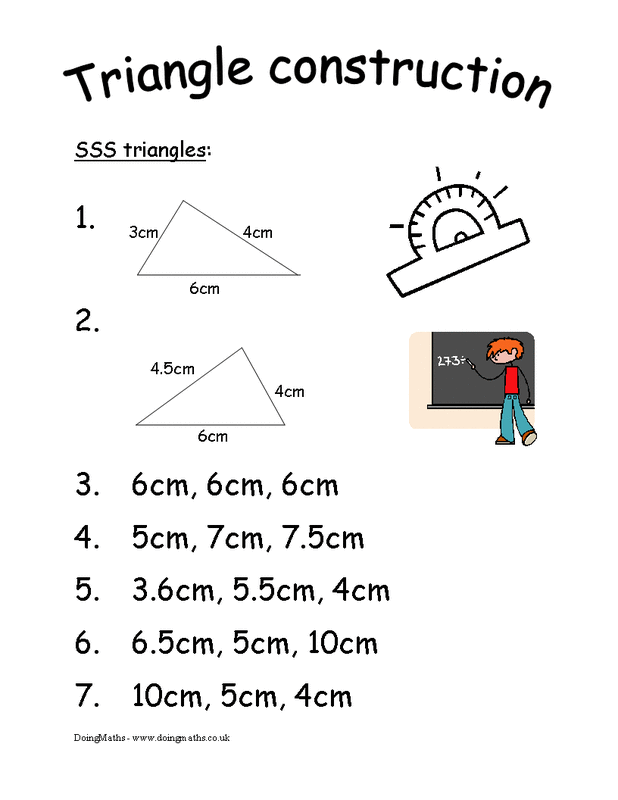 Triangle construction practice problem showing students how to create shapes from specific mathematical conditions Seventh grade student drawing a triangle with given side lengths and angle measurements on a geometry worksheet