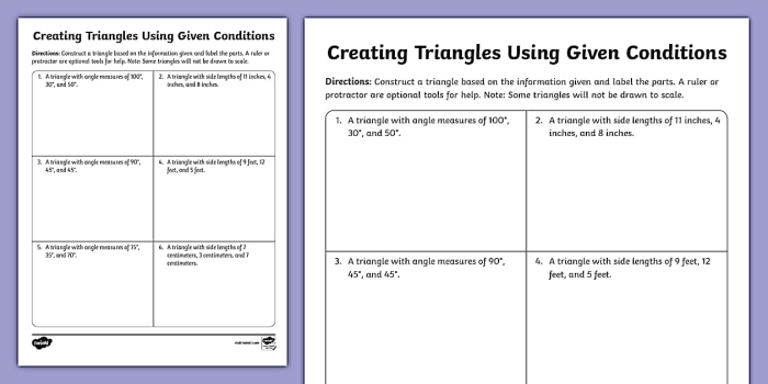 Constructing Triangles Given Conditions Worksheet 13 Geometry Practice Seventh grade math worksheet page featuring geometric exercises on constructing triangles from given side and angle conditions