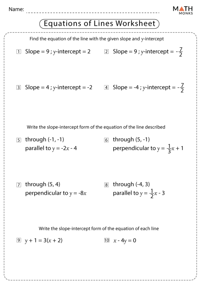 Eighth grade algebra worksheet showing slope and point coordinates for writing linear equations in slope-intercept form