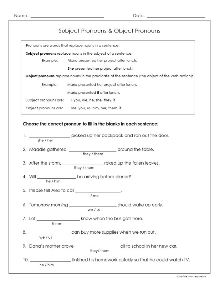 Third grade grammar worksheet focusing on replacing objects with the correct pronouns