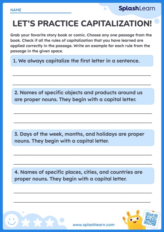 Punctuation and capitalization worksheet for fifth-grade students focusing on grammar skills