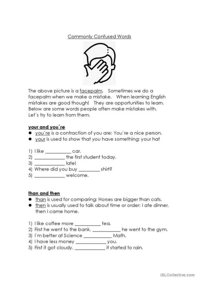 Seventh grade student completing a grammar worksheet on commonly confused words with practice sentences