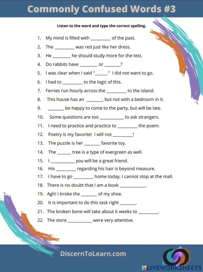 Seventh grade student completing a grammar worksheet on frequently confused words with multiple choice questions