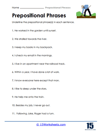 It's Grammar Time Prepositional Phrases 1 practice activity image 6 Third grade grammar worksheet showing prepositional phrase exercises with sentences requiring students to select appropriate phrases to complete the text
