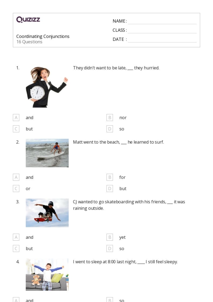 Grammar Review worksheet focusing on conjunctions for fifth graders with engaging activities. Conjunctions practice sheet for 5th grade students to enhance their grammar skills.