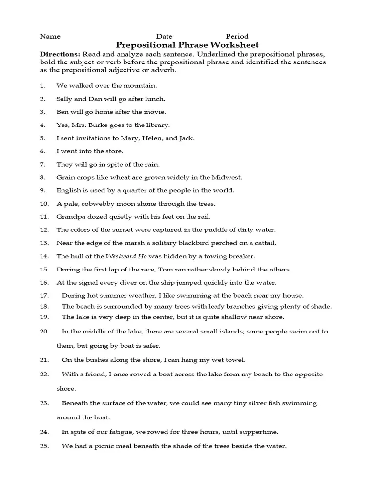 Practice worksheet showing prepositional phrase identification exercises for middle school English class Seventh grade student working through grammar exercises identifying prepositional phrases in sentences