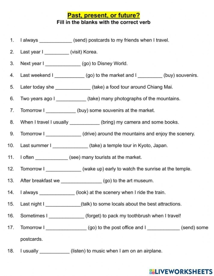 Practice identifying verb tenses in sentences with this interactive fifth grade grammar exercise sheet Fifth grade grammar worksheet showing sentences with past, present, and future tense verbs for students to identify and categorize