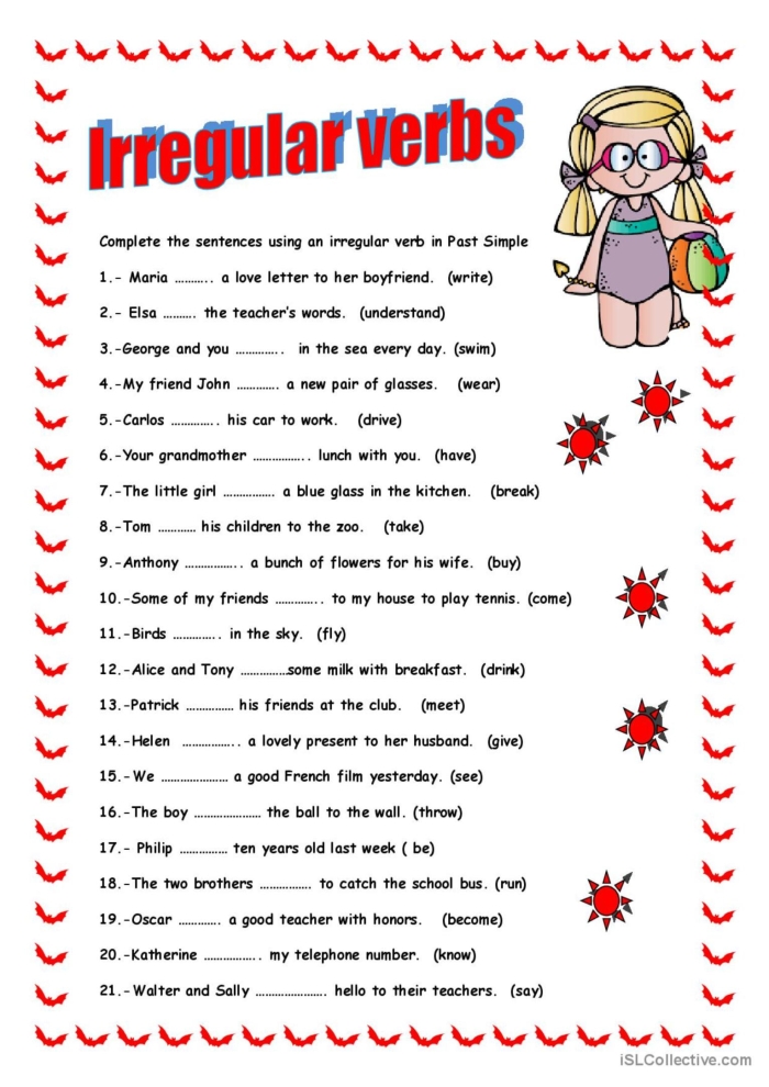 Grammar Time: Irregular Verbs Worksheet for Learning and Practice Worksheet featuring fill-in-the-blank exercises for irregular verbs aimed at second graders
