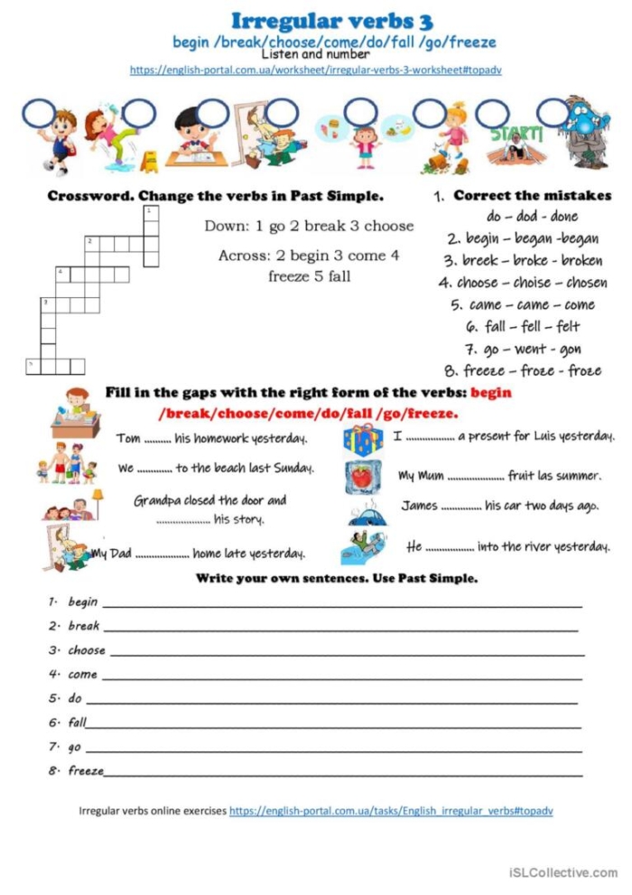 Grammar Time: Irregular Verbs worksheet for second grade students Worksheet featuring fill-in-the-blank exercises for second graders on irregular verbs like be, do, and have