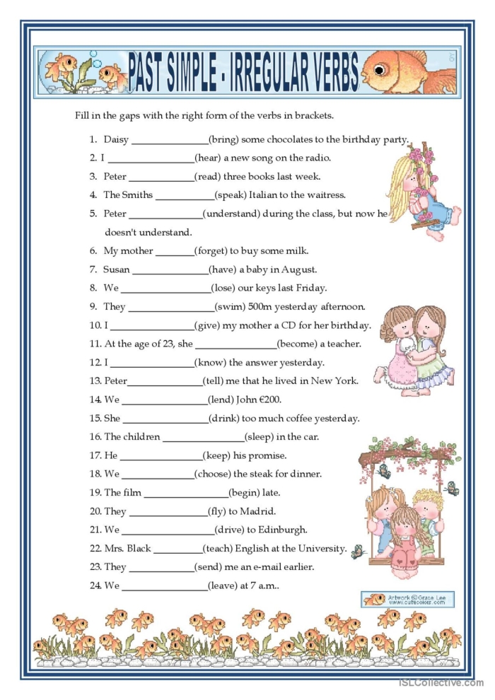 Grammar Time: Irregular Verbs worksheet for second grade students Fill-in-the-blank worksheet for second graders focusing on the irregular verbs to be, to do, and to have