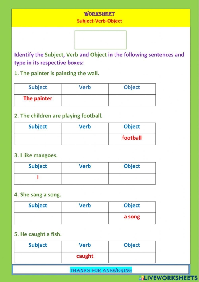 Worksheet illustrating subject, verb, and object relationships for third graders