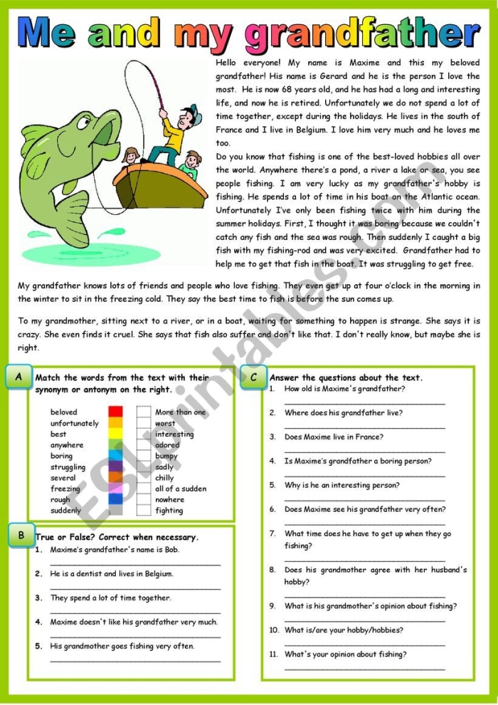 Second grade reading comprehension worksheet featuring a story about a girl fishing with her grandpa on a boat