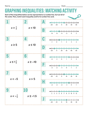 Graphing inequalities practice worksheet for sixth graders featuring number lines