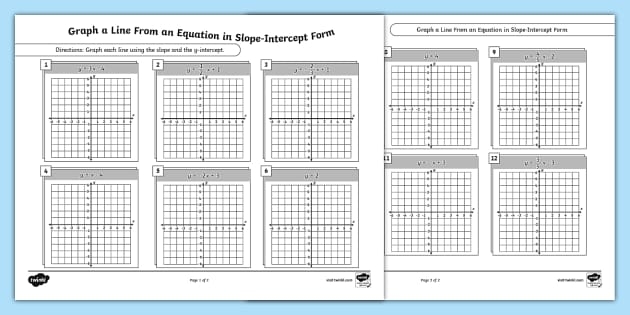 Graphing Linear Equations in Slope-Intercept Form Practice Worksheet 18 Eighth grade math worksheet showing linear equations displayed in slope-intercept form for graphing practice
