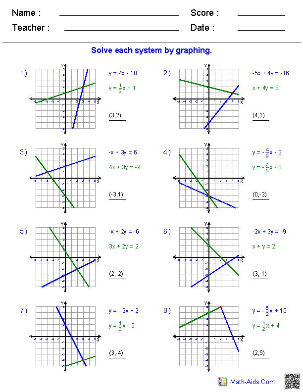 Graphing Systems of Linear Equations Worksheet Number 24 Eighth grade algebra worksheet showing students how to graph systems of linear equations to identify one, none, or infinite solutions