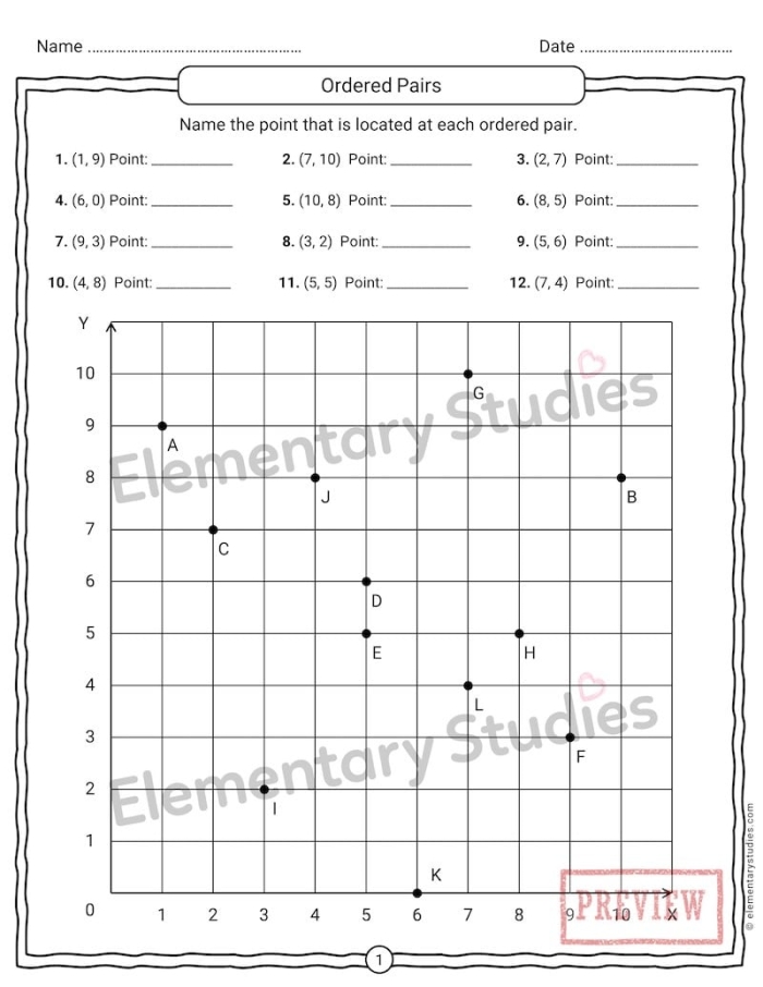 Worksheet for practicing graphing ordered pairs on a coordinate plane with both positive and negative values. Educational resource for mastering the concept of ordered pairs in math.