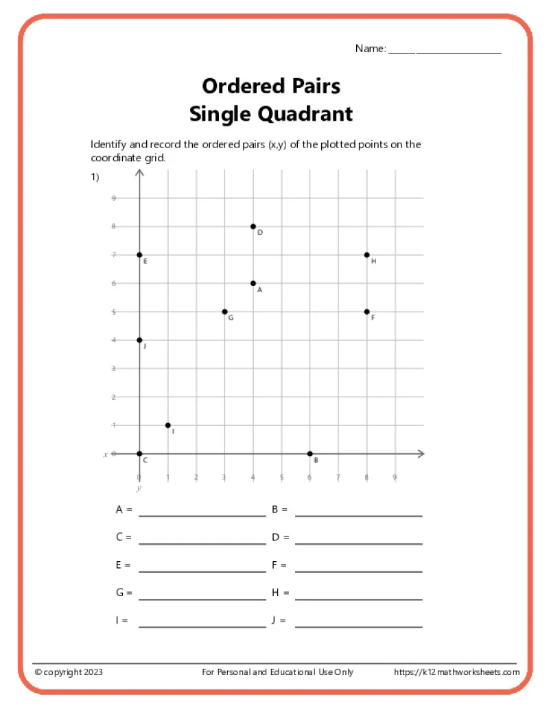 Worksheet for practicing graphing ordered pairs on a coordinate plane with positive and negative values