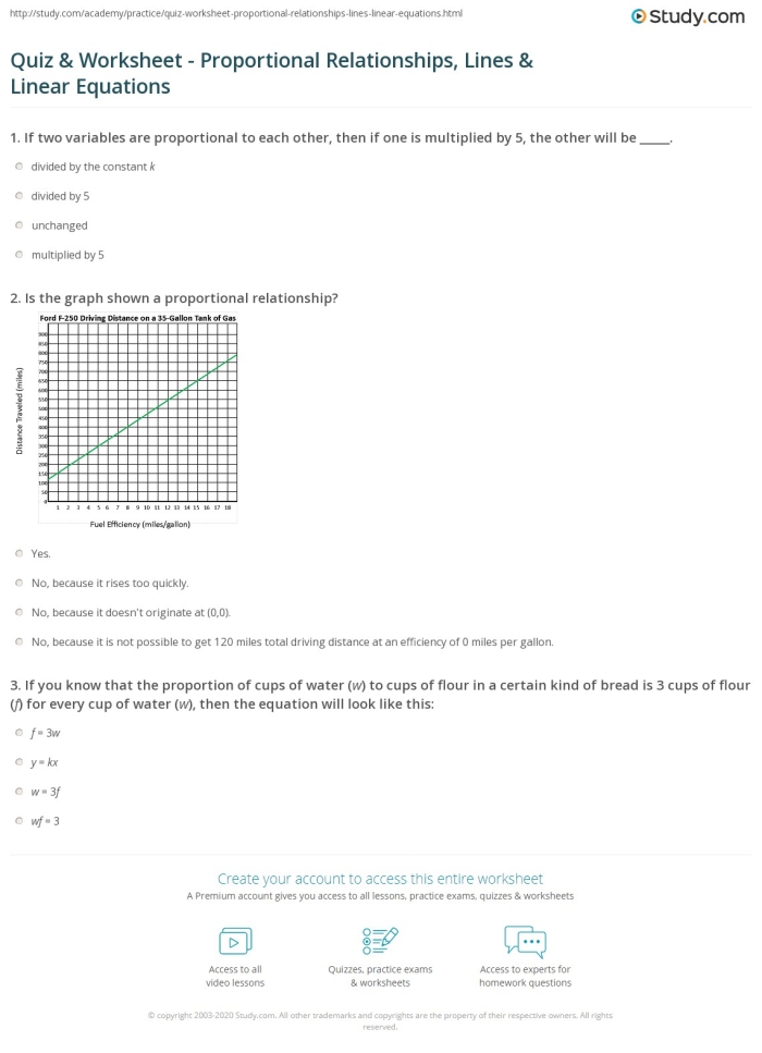 Eighth grade math worksheet showing examples of graphing proportional relationships and calculating the constant of proportionality