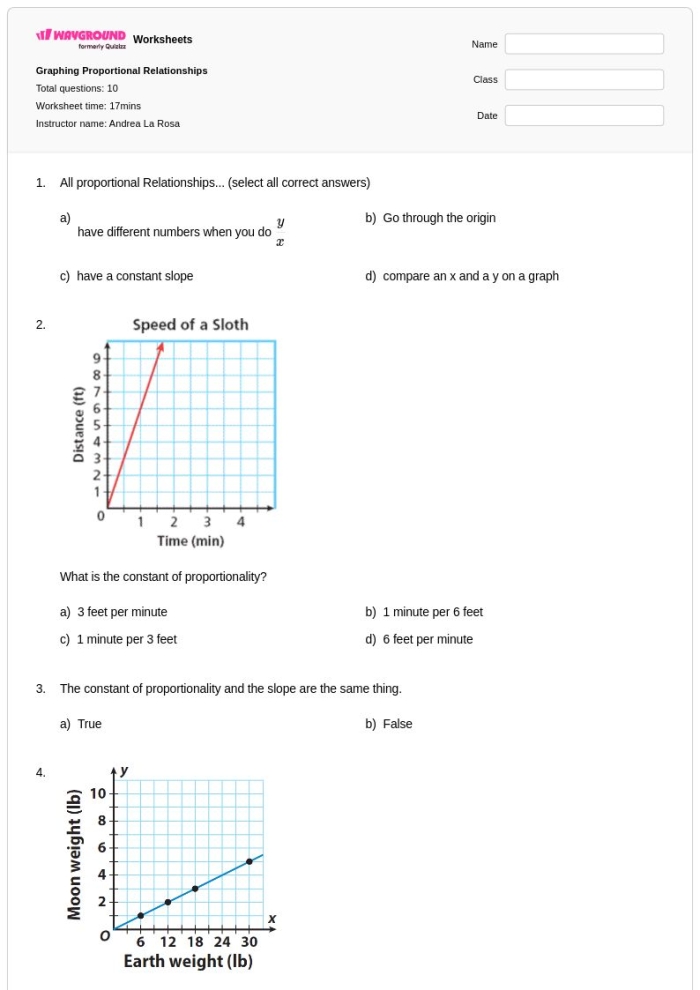 Eighth grade student working through proportional relationships graphing problems on a math worksheet with coordinate plane examples
