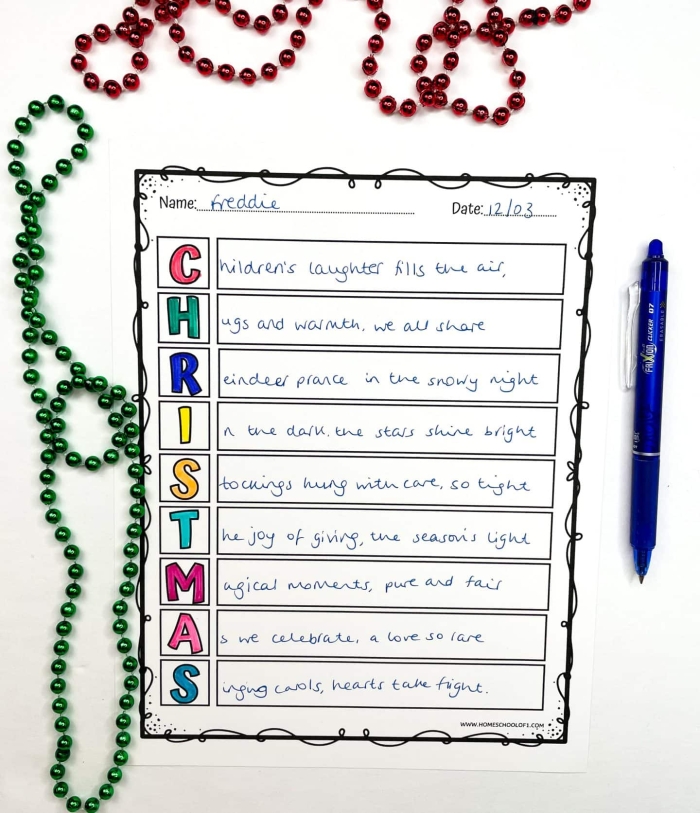 Write A Gratitude Acrostic Poem Activity for Elementary Learners Third grade students writing gratitude acrostic poems on a worksheet with colorful design elements