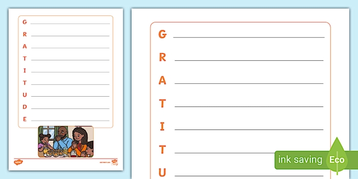 Third Grade Gratitude Acrostic Poem Writing Exercise 3 A young student writing a gratitude acrostic poem with colorful pencils on a worksheet activity sheet