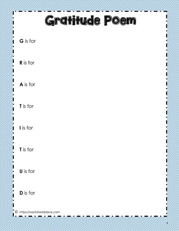 Write A Gratitude Acrostic Poem Worksheet for Grade 3 Practice A third grade student writing a gratitude acrostic poem on a worksheet with lines for each letter