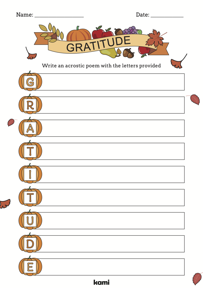 Write A Gratitude Acrostic Poem Practice Activity for Elementary Students Third grade student writing a gratitude acrostic poem on a worksheet with lines for each letter