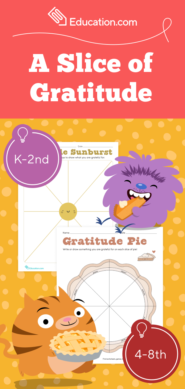 Engaging geometry worksheet on gratitude for students in fourth grade Gratitude Pie worksheet for fourth graders, illustrating different aspects of gratitude in pie slices