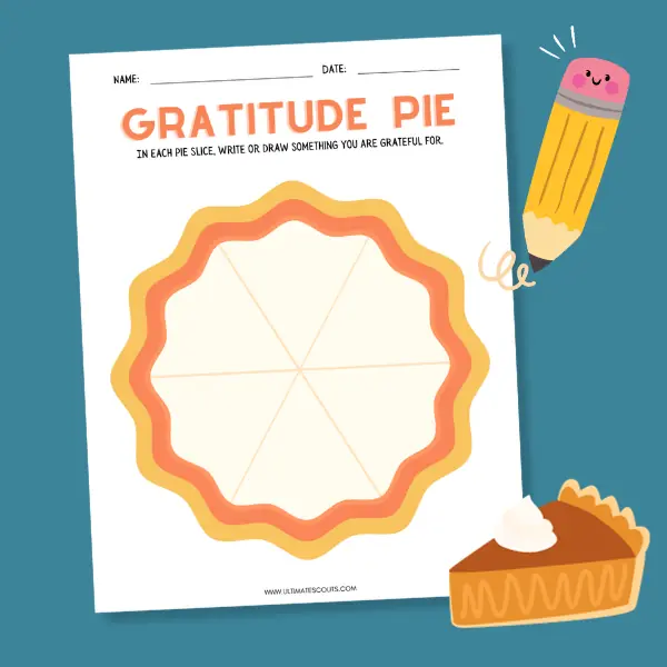 Engaging worksheet for exploring gratitude through geometry concepts in a fun pie format Colorful Gratitude Pie worksheet showing slices representing various aspects of thankfulness for fourth graders