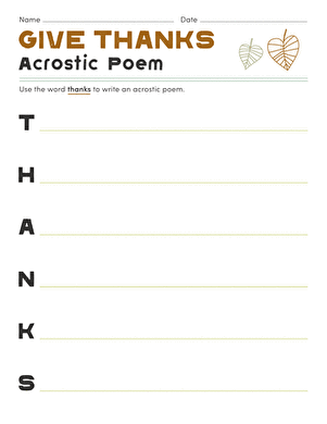 Write A Gratitude Acrostic Poem Worksheet 22 for Elementary Students A student worksheet showing lines for writing a gratitude acrostic poem with the word GRATEFUL spelled vertically for third grade practice