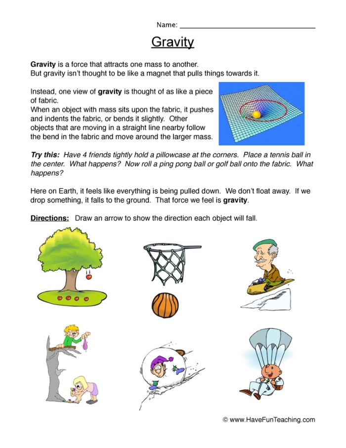 Fourth grade gravity definition worksheet showing educational content about how gravity pulls objects toward Earth