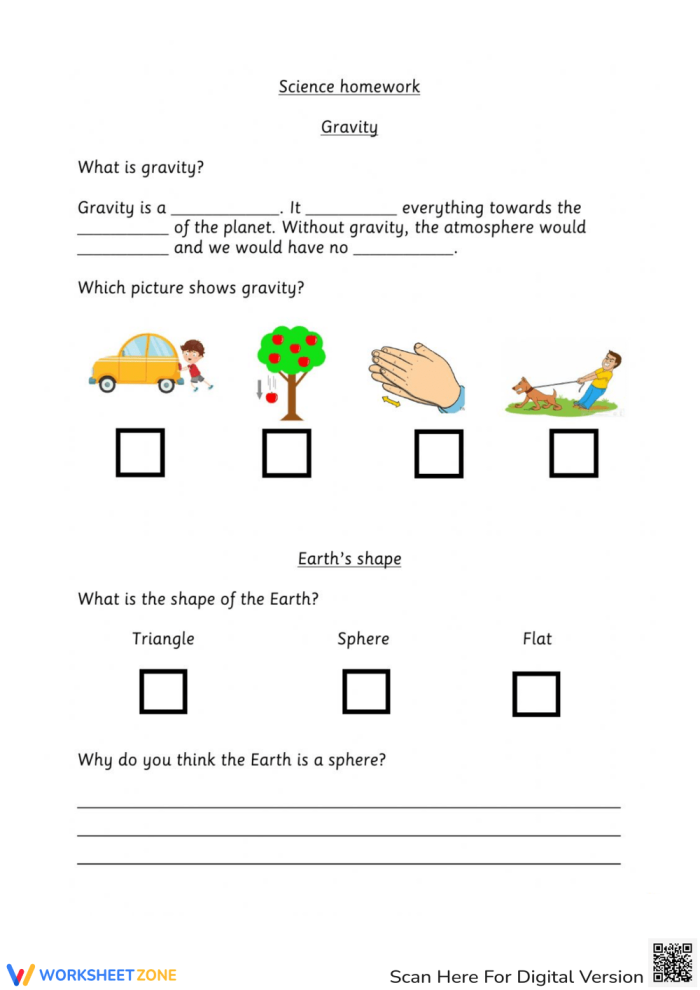 Fourth grade students learning about gravity definition with illustrated examples and worksheet activities