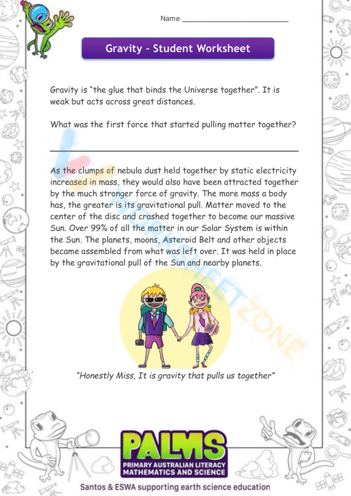 Fourth grade worksheet showing a gravity definition and measurement activity for students