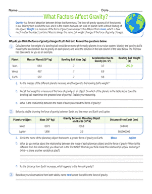 What Factors Affect Gravity Worksheet Number 10 Sixth grade science worksheet focused on mass and distance impacts on gravity