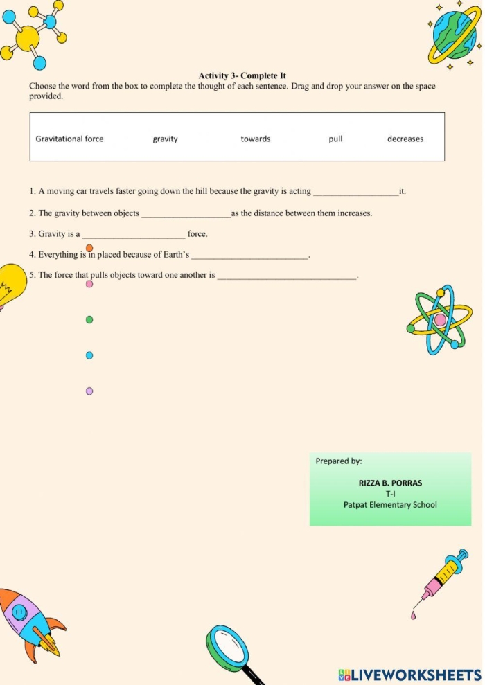 Understanding Factors That Affect Gravity Science Worksheet 5 Sixth grade worksheet covering the relationship between mass, distance, and gravity in space