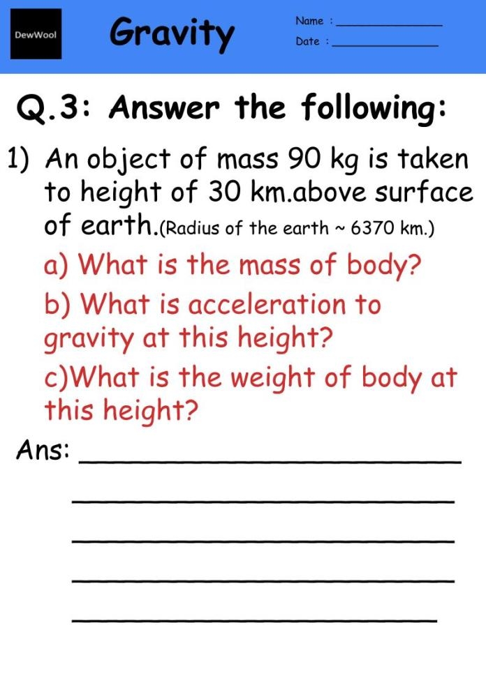 Fourth grade gravity definition worksheet with fun activities and science explanations