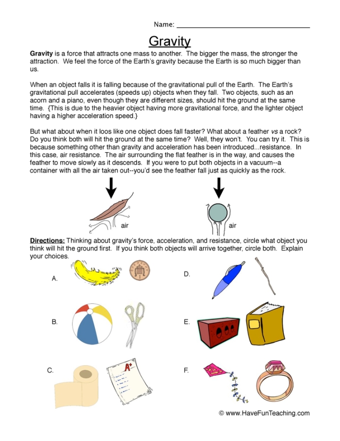 Fourth grade science worksheet showing an illustrated gravity definition and activity guide