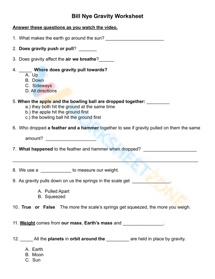 Gravity definition for kids worksheet featuring a gravity explanation and fourth grade science activity