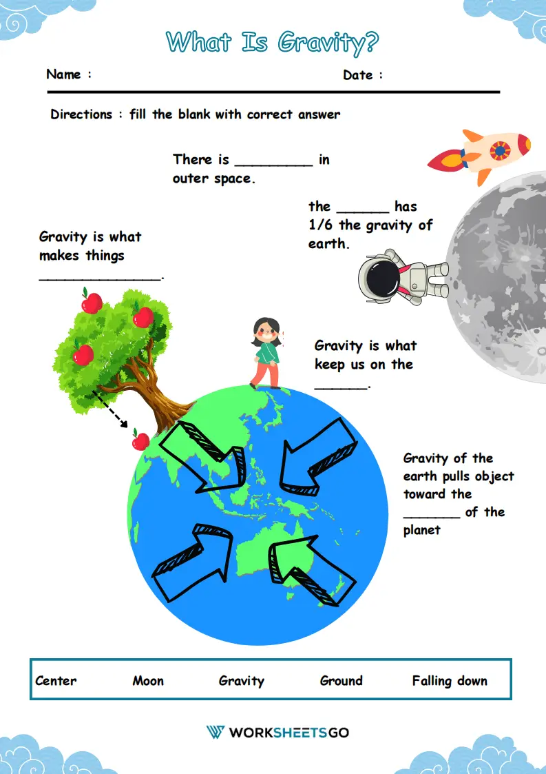Fourth grade students learning about gravity definition with worksheet examples and activity exercises