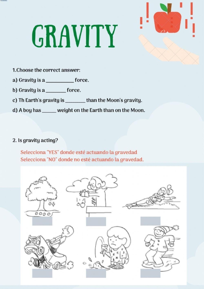 Fourth grade science worksheet explaining gravity with engaging activity prompts