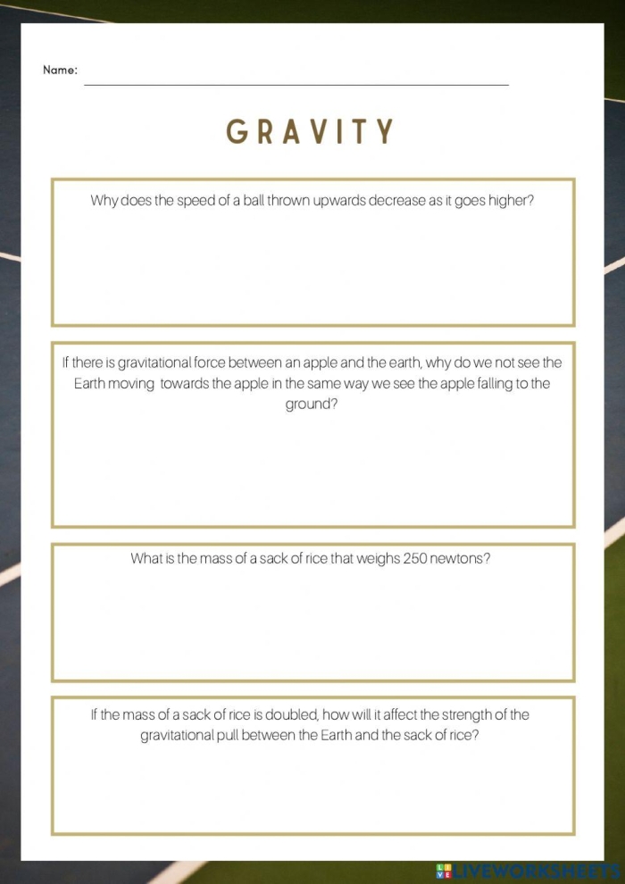 What Factors Affect Gravity worksheet for middle school physics exploration Sixth grade students studying mass distance and gravity relationships on a science worksheet
